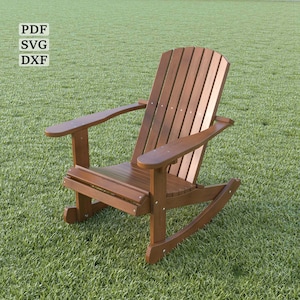 May include: A brown wooden Adirondack rocking chair with a slatted back and wide armrests. The chair is designed for outdoor use and is set on a grassy lawn. Text in the image reads: PDF, SVG, DXF.