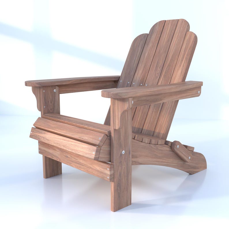 May include: A wooden adirondack chair with a natural brown finish. The chair has a slatted back and seat, and a wide armrest. The chair is made of solid wood and has a sturdy construction.