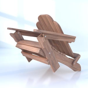 May include: A wooden adirondack chair with a natural wood finish. The chair is folded and tilted to the side, showing the details of the construction.