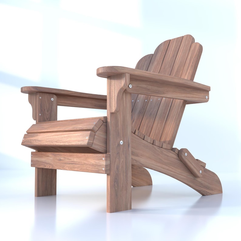 May include: A wooden adirondack chair with a natural wood finish. The chair has a high back and wide arms, and it is made of sturdy wood.