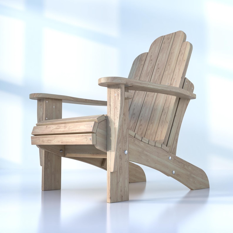 Peut inclure: Une chaise Adirondack en bois brun clair avec un dossier et des accoudoirs &agrave; lattes. La chaise est en bois naturel et a un aspect rustique.