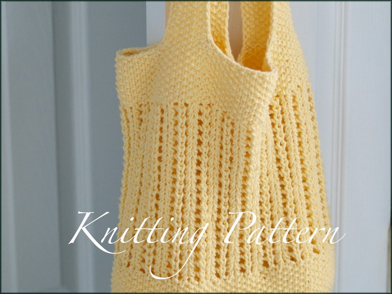 May include: A yellow knitted tote bag with a crocheted pattern. The bag has a wide, open top and two straps. The text "Knitting Pattern" is visible at the bottom of the image.