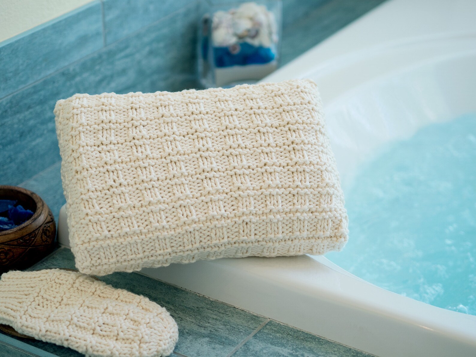 Malvern Spa Pillow & Mitt Knitting Pattern Bath Accessories Set Herbal Pillow Massage Mitt