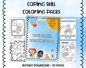 May include: A printable coloring book with 30 pages of coping skills for children. The cover features a sun, a child swinging, and the text "Coping Skill Coloring Book".