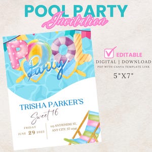 Editable Pool Party Invitation Template | Summer Birthday Invite | Canva Template| Kids Pool Party Invite | Digital Download