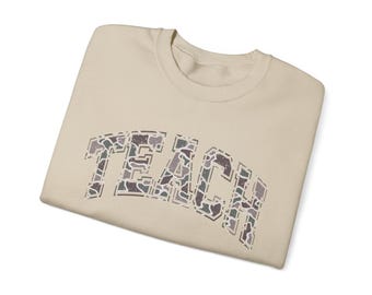 Brooke and Bear Teacher Camo Gildan Crewneck Sweatshirt, Gift for Educators, Cozy Apparel for School Events, Teacher apparel, Camoflauge