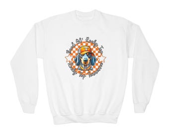 Brooke and Bear Youth University of Tennessee Hound Dog Crewneck | Gildan sweatshirt, Checkerboard Print, Orange White, Neyland, Smokey,VOLS