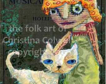 Nice Kitty Collage on 6" X 8" antique re-purposed book cover contemporary folk art