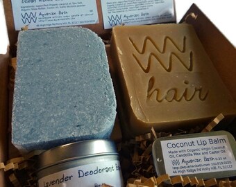 Bath Gift set, Bath and Body Set with you choice of Soap, Shampoo, Deodorant, and Lip Balm, Plastic free gifts, Bath Gift Box, Vegan gift