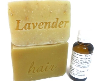 Lavender Hair and Bath Set includes Lavender Oatmeal soap, Lavender Shampoo bar of your choice, and Lavender  Hair Serum