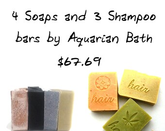 4 Handmade Soaps and 3 Shampoo bars Aquarian Bat,  4-6 oz bars, Free Ship to USA