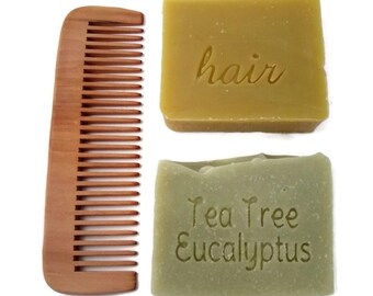 2 Shampoo Bars and Peach wood comb, zero waste starter kit, zero waste, plastic free, palm oil free shampoo bar, vegan shampoo, ecofriendly