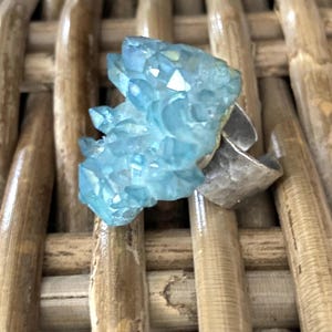 Aqua Aura Quartz Ring, Antique silver plated adjustable base, for deep spiritual attunement & inter dimensional communication