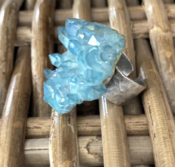 Aqua Aura Quartz Ring, Antique silver plated adjustable base, for deep spiritual attunement & inter dimensional communication
