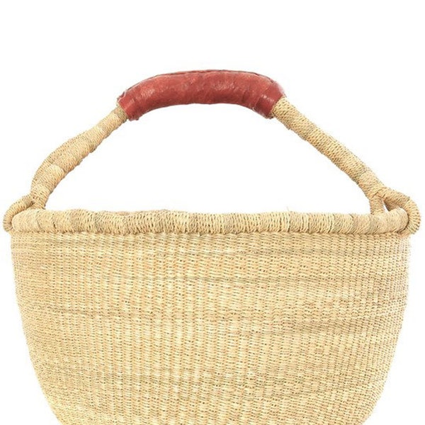 Large Bolga Farmers Market Shopping Basket - All Natural with Leather Handle - Handwoven in Ghana - Gift Basket