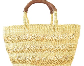 Handwoven Beach Bag - Lace Weave Shopping Bag with Leather Handles