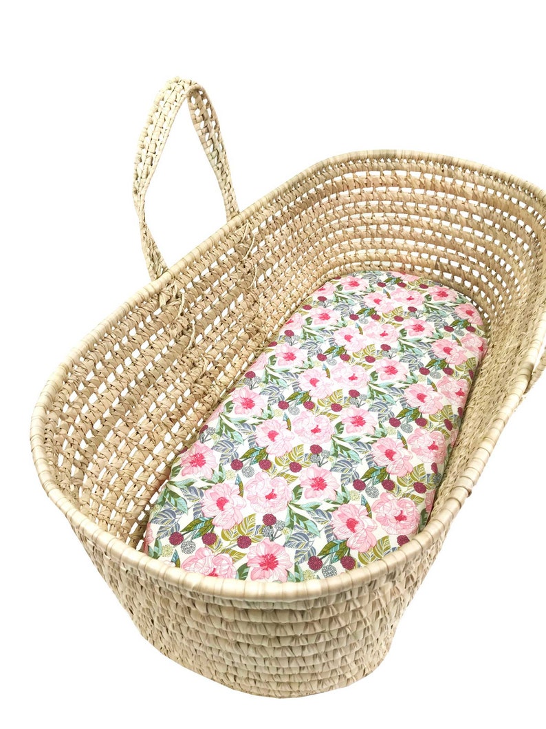 Pink and Green Large Floral Fitted Sheet Moses Basket Bassinet Cradle Changing Basket
