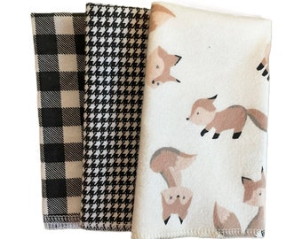 Foxes with black white set of 6 Reuse-able, Multi-Use Flannel Paperless Towels, Washable Paper Towels, Cleaning Cloths, Zero Waste