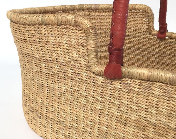Combo Ghana Moses Basket Natural Straw With Brown Leather Etsy