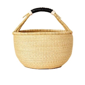 Large Bolga Shopping Basket Natural Straw with Black Leather Handle