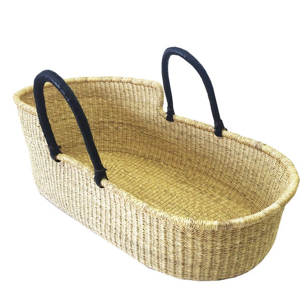 Ghana Moses Basket - Black Leather Handles, Organic Futon or Foam Mattress, 1 Fitted Sheet - Organic Cotton