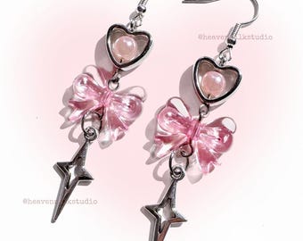 Y2K Beaded Heart Earrings: Silver Star Charms, Coquette Punk Jewelry Punk Edgy accessories alternative Girl