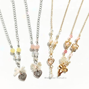 Coquette Beaded Necklace Heart Bow Charm, Elegant Jewelry Vintage style, Dreamy Kawaii Aesthetic Y2K Pink Pearl Choker Romantic Gift for Her