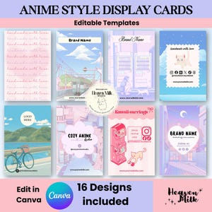 May include: A collection of sixteen editable display cards featuring various anime-inspired illustrations, including trains, cats, bicycles, and vending machines. The cards include placeholders for brand names, social media icons, and website URLs.