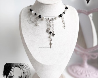 Collar con cadena de cuentas de estrella celestial Y2K en blanco y negro, gargantilla de cuentas gruesas hecha a mano, joyería con dije de luna de estética grunge retro de los 2000. Regalo ideal.