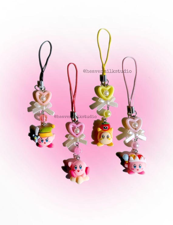 Kawaii Kirby Phone Charm Beaded Keychain | Cute Anime Phone Strap Accessory | Pastel Beads, Kawaii Keyring, Gamer Girl Aesthetic Gift