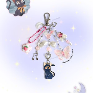 Moon Cat Keychain: Kawaii Luna Kitty, Bow & Heart Charm