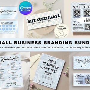May include: A small business branding bundle with Canva editable templates. Includes a gift certificate, loyalty card, price list, business cards, and a scan-to-pay sign. The design features a light blue and white color scheme with floral accents.