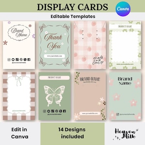 May include: A selection of display cards with diverse designs, including floral, gingham, and butterfly patterns. The cards feature text such as "Brand Name," "Thank You," and "Made with Love." The image also includes the text "Edit in Canva" and "14 Designs included."
