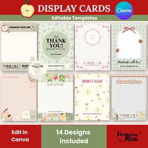 Könnte beinhalten: Eine Sammlung von vierzehn rechteckigen Display-Kartenvorlagen mit verschiedenen Designs, darunter Apfelmotive, Blumenmuster und Rasterhintergründe. Jede Karte enthält Platzhalter für Markennamen, Social-Media-Symbole und Website-URLs zur individuellen Anpassung.