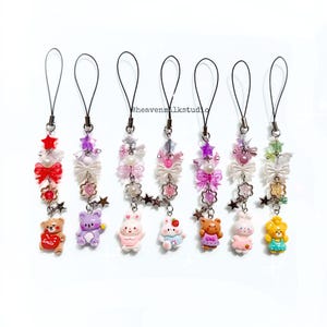 Handmade Phone Charm Kawaii Bear, Cute Bunny Keychain. Pastel Anime Phone Strap Lanyard, Beaded Kawaii K-pop Accessories, Gift ideas for Her
