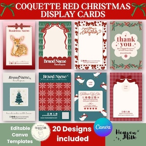 May include: A collection of twenty editable Christmas display cards featuring festive designs with red bows, deer, pine trees, snowflakes, and ducks. The cards include placeholders for business names, social media handles, and thank you messages.