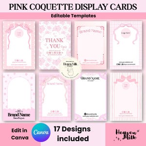 May include: A collection of eight rectangular pink display cards featuring editable templates with bow illustrations, floral patterns, and grid designs. The cards include placeholders for brand names, logos, and social media handles, with text reading PINK COQUETTE DISPLAY CARDS.