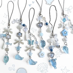 Dije de teléfono con cuentas de foca azul, accesorio para teléfono, lindo llavero con correa para móvil, regalo estético oceánico, cordón para teléfono hecho a mano, dije para bolso kawaii