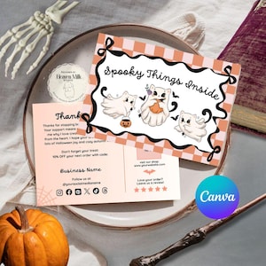 May include: A rectangular card with a peach and white chequered border featuring the text Spooky Things Inside and three white ghost cats, one holding a pumpkin. Below it, a thank you card with social media icons and a discount code area.