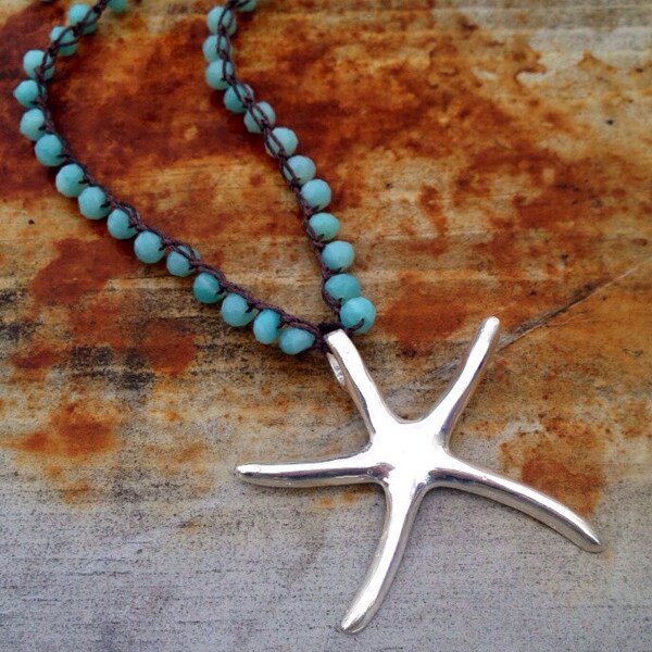 Starfish Pendant | Crochet Beaded Stone Necklace | Amazonite Stone  | Aqua  | Boho Jewelry Hippie