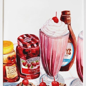 Instant digital download of Vintage ice cream and milkshake illustration made with watercolor, ideal wall art.