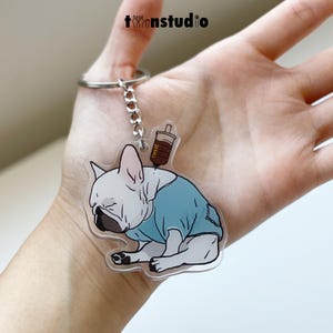 French Bulldog Acrylic Keychain Frenchie Keyring Cute Cartoon Pet Dog Lover Charm, Double-sided printed Puppy Gift, Coffee Addicted Sleepy