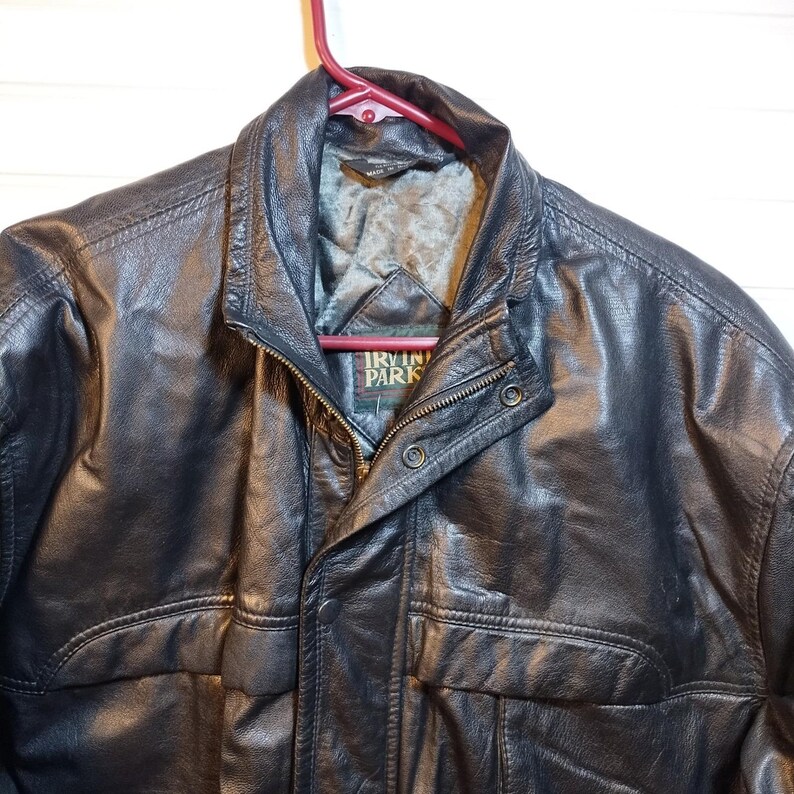 Vintage Irvine Park Mens Black Leather Jacket Parka Coat HM READ Measurements afbeelding 2