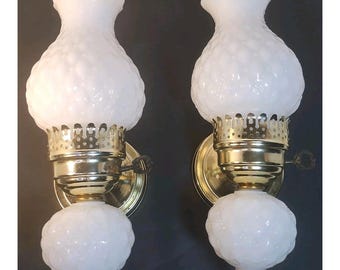 Vtg Pair Milk Glass Hobnail Wall Sconce Lamps Farmhouse Cottage Granny Plug In