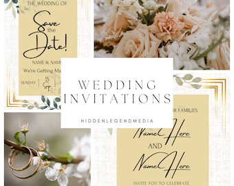 May include: A collage of wedding-themed images. Includes a bouquet of cream and peach-colored roses, gold wedding rings on a branch, and invitation cards with gold accents and the text "Save the Date!" and "Wedding Invitations."