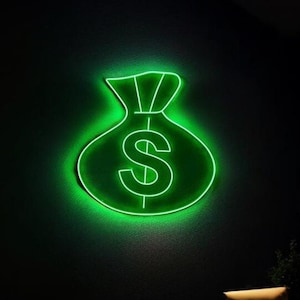 insegna al neon borsa piena di soldi, borsa dei soldi, insegna al neon ricca insegna al neon dollaro insegna al neon, regalo dollaro, regalo insegna al neon indicatore ricchezza illuminata