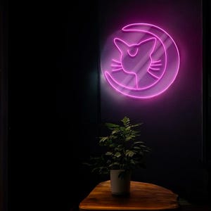 Cat on Moon Neon Sign – LED Wall Art for Bedroom, Nursery, or Gift – Cute Cat Lover Decor, Custom Animal Neon Light, Pet Night Lamp