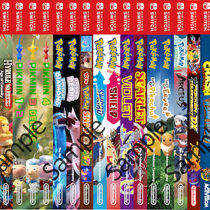 Op de afbeelding: Een verzameling Nintendo Switch-spelcartridges, waaronder titels als "Just Dance 2025", "Sphinx en de Vervloekte Mummie", "Animal Crossing: New Horizons", "Pikmin 4", "Pokémon Scarlet", "Pokémon Violet", "Metroid Dread" en "Horizon Forbidden West".