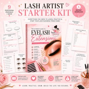 May include: A pink and white Lash Artist Starter Kit with a book titled "The Ultimate Guide to Eyelash Extensions." The kit includes printables, an ebook, and tools for learning, practicing, and starting a lash business.