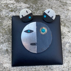 Vintage TONO TAXCO Piedra Negra Sterling Silver FACE Brooch & Earrings Set
